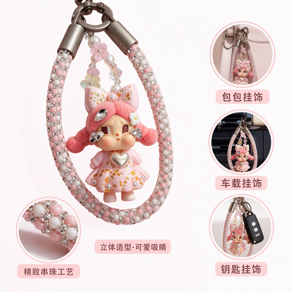 粉色珠饰挂链可爱卡通女孩玩偶吊坠时尚潮流女生饰品礼物赠品