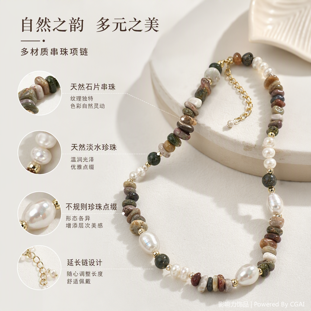 Influential multi-color natural stone and pearl beaded necklace, fashionable, versatile and elegant lady's accessory, long necklace