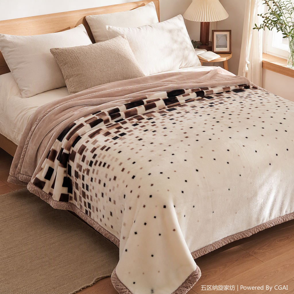 Soft and warm, thick autumn and winter home bedding blanket with a beige base and black and brown checkered pattern details Picture