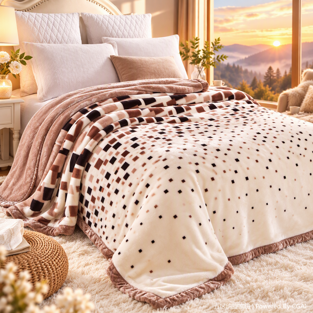 Soft and warm, thick autumn and winter home bedding blanket with a beige base and black and brown checkered pattern Specification image
