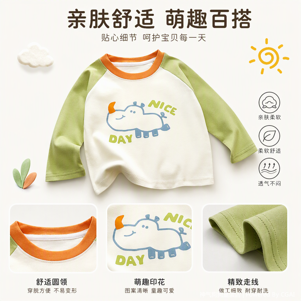 Cute cartoon-printed pure cotton children's T-shirt for spring and summer, a trendy casual top for babies Item Picture