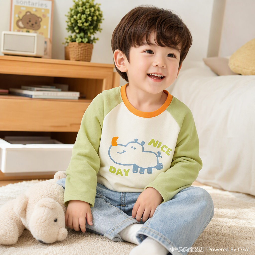 Cute cartoon-printed pure cotton children's T-shirt for spring and summer, a trendy casual top for babies Application Scenario