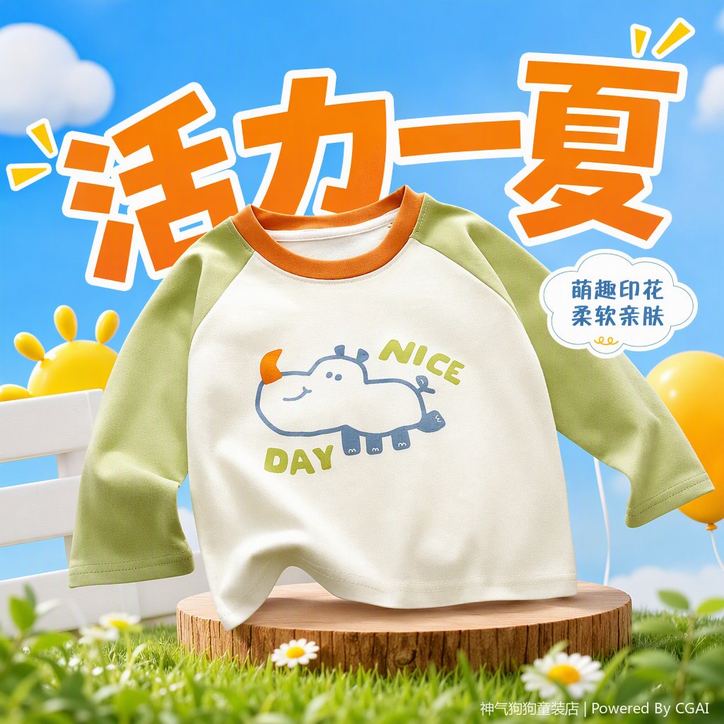 Cute cartoon-printed pure cotton children's T-shirt for spring and summer, a trendy casual top for babies details Picture