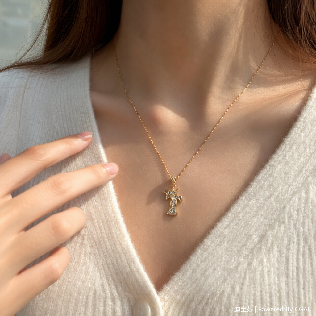 This golden diamond-encrusted letter T-crown necklace is a fashionable and versatile women's gift, accessory and jewelry details Picture