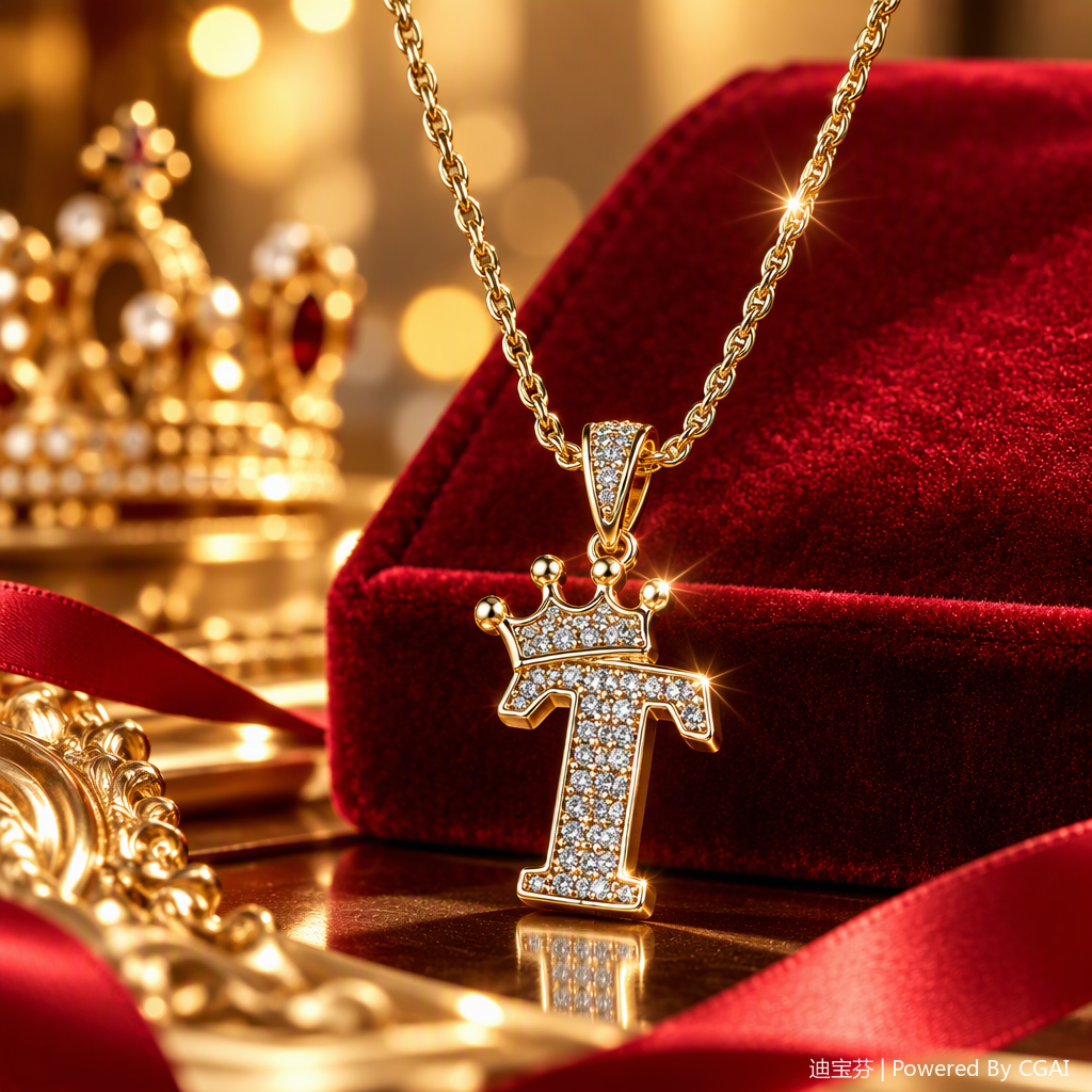 This golden diamond-encrusted letter T-crown necklace is a fashionable and versatile women's gift, accessory and jewelry Specification image