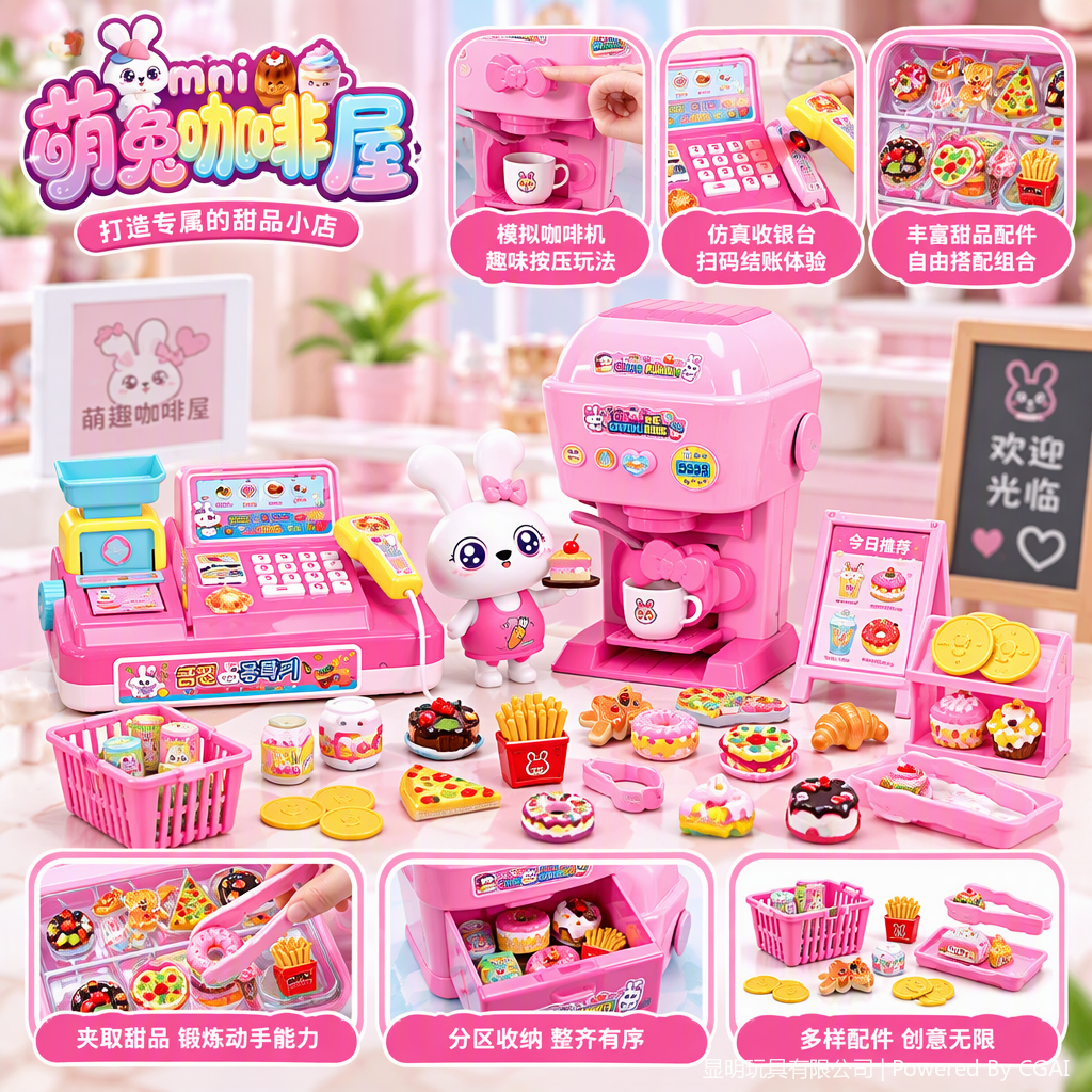 Pink-themed cute Rabbit Coffee House House play toy set, children's fun simulated kitchen creative early education and intelligence toy gift box