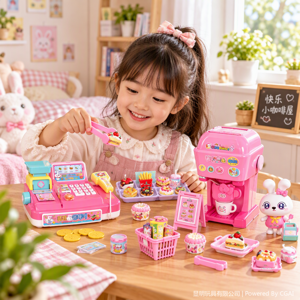 Pink-themed cute Rabbit Coffee House House play toy set, children's fun simulated kitchen creative early education and intelligence toy gift box details Picture