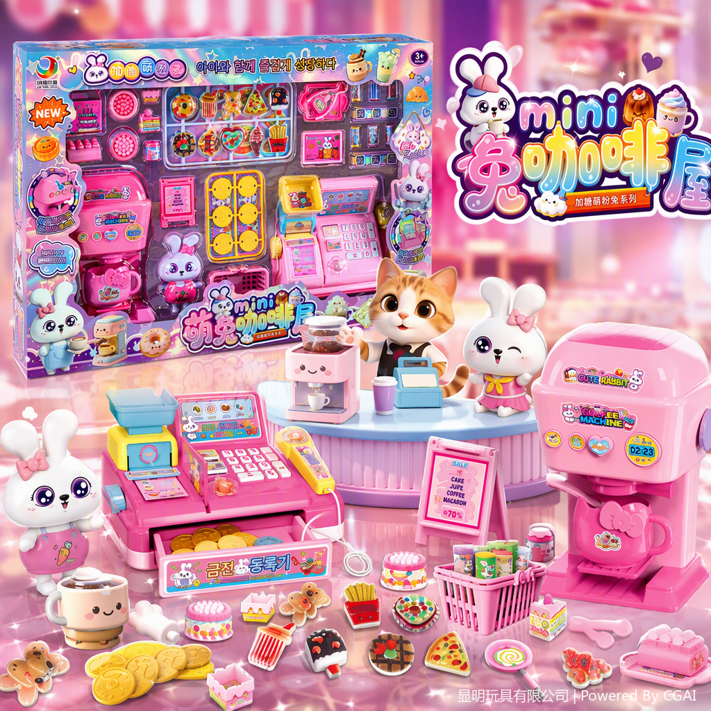 Pink-themed cute Rabbit Coffee House House play toy set, children's fun simulated kitchen creative early education and intelligence toy gift box Specification image