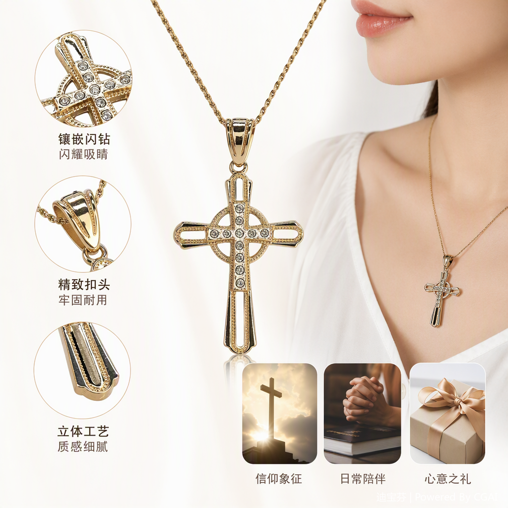 Golden diamond-encrusted Celtic cross necklace, fashionable, retro and personalized pendant accessory gift for men and women Golden diamond-encrusted Celtic cross necklace, fashionable, retro and personalized pendant accessory gift for men and women