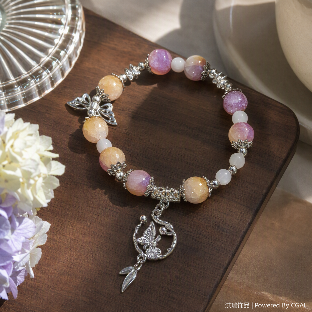 Rosa beigy cordón de perlas plata mariposa colgante pulsera moda y elegante lady handwork con accesorios details Picture