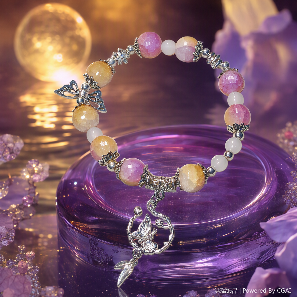 Rosa beigy cordón de perlas plata mariposa colgante pulsera moda y elegante lady handwork con accesorios Specification image