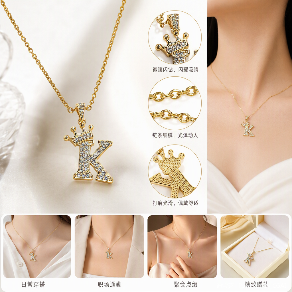 A golden diamond-encrusted crown K-letter pendant necklace, a fashionable and versatile Korean-style trendy gift for girls