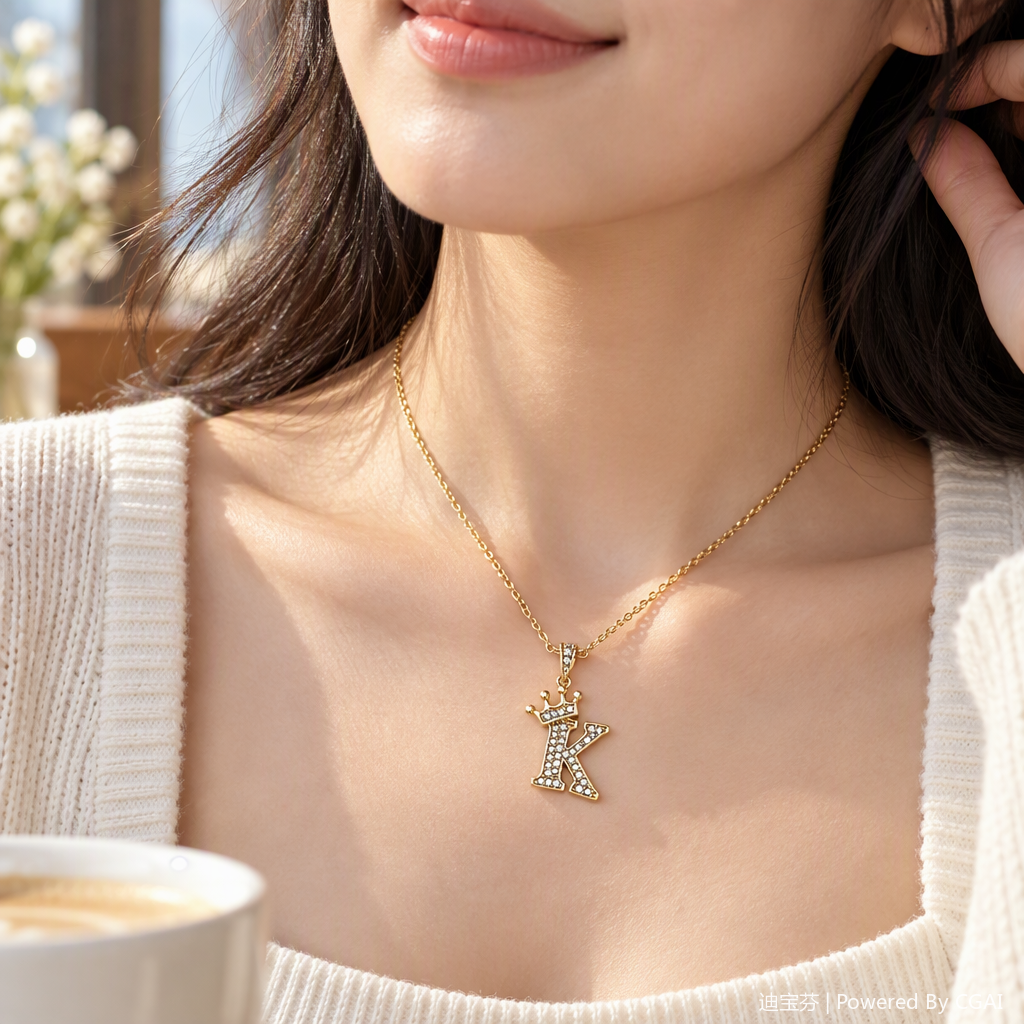 A golden diamond-encrusted crown K-letter pendant necklace, a fashionable and versatile Korean-style trendy gift for girls details Picture