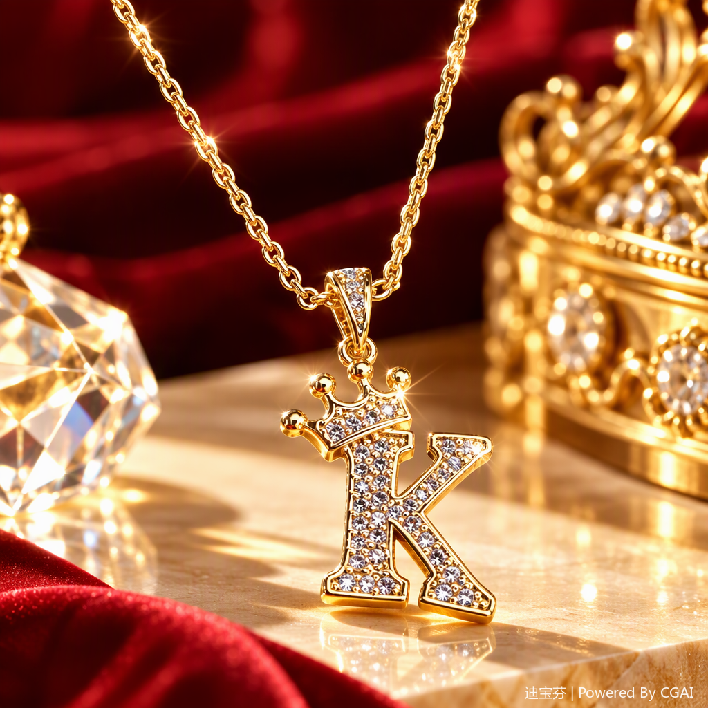 A golden diamond-encrusted crown K-letter pendant necklace, a fashionable and versatile Korean-style trendy gift for girls Specification image