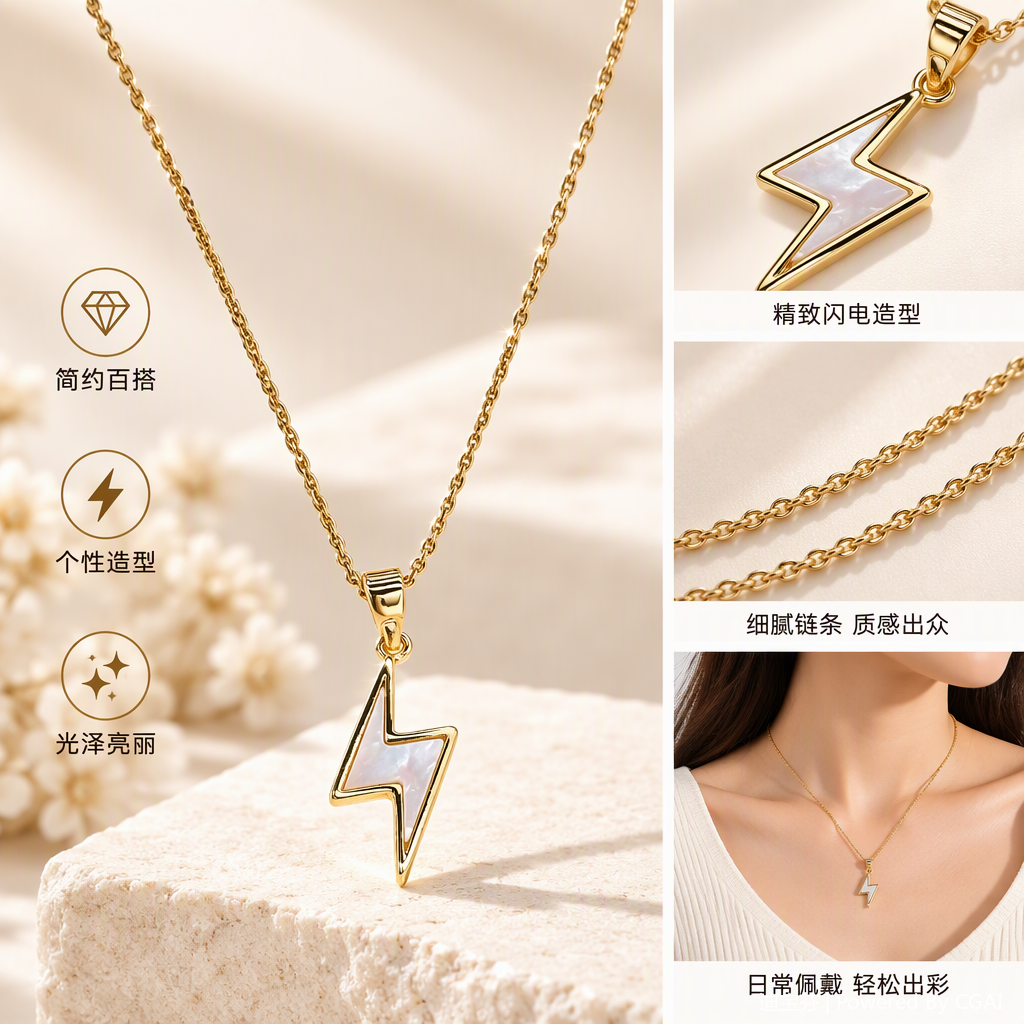 The golden lightning-shaped fashionable pendant necklace is simple and versatile, a perfect accessory for girls, students and couples The golden lightning-shaped fashionable pendant necklace is simple and versatile, a perfect accessory for girls, students and couples