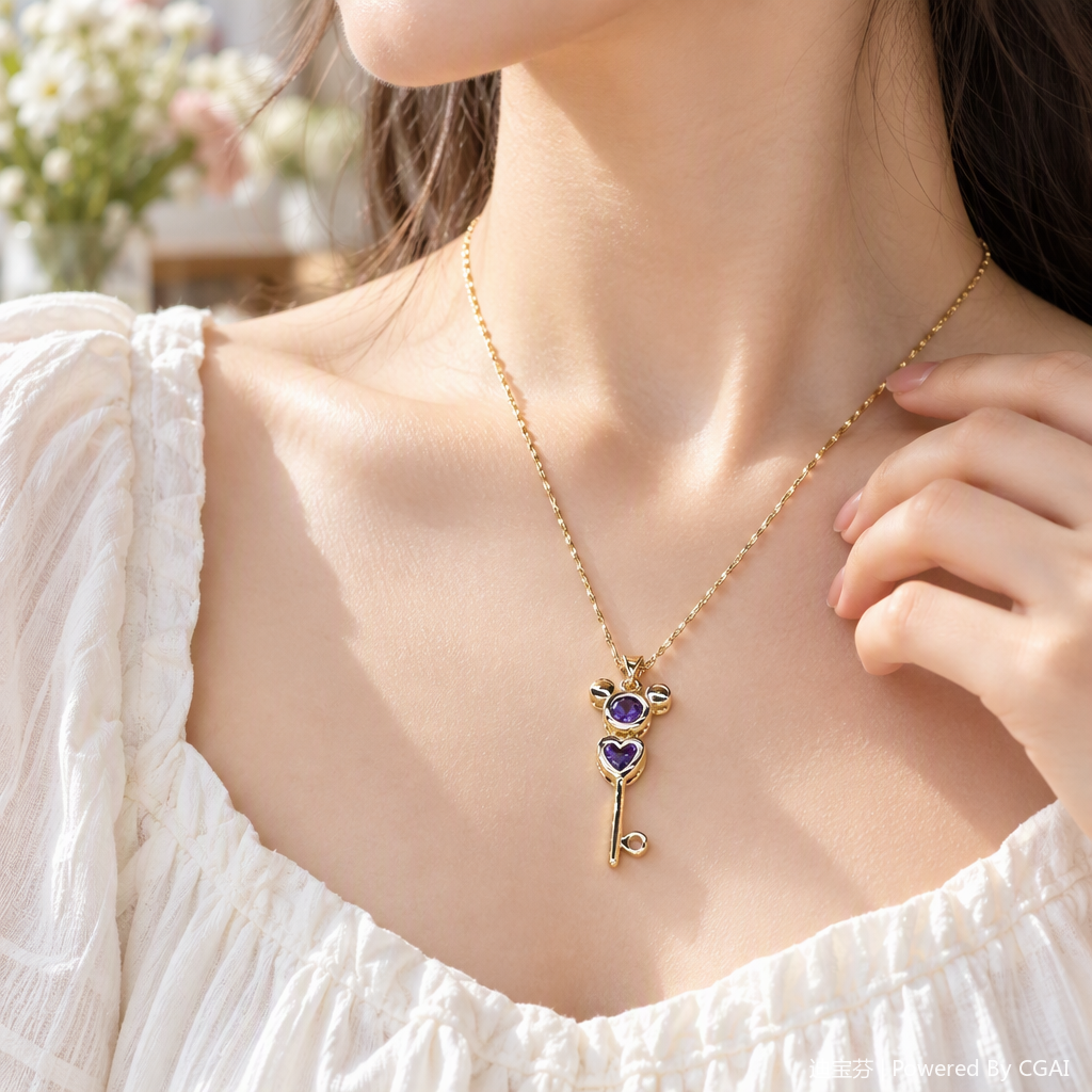 The golden key-shaped pendant necklace is fashionable, simple and versatile. It is a perfect accessory gift for girls, students and couples details Picture