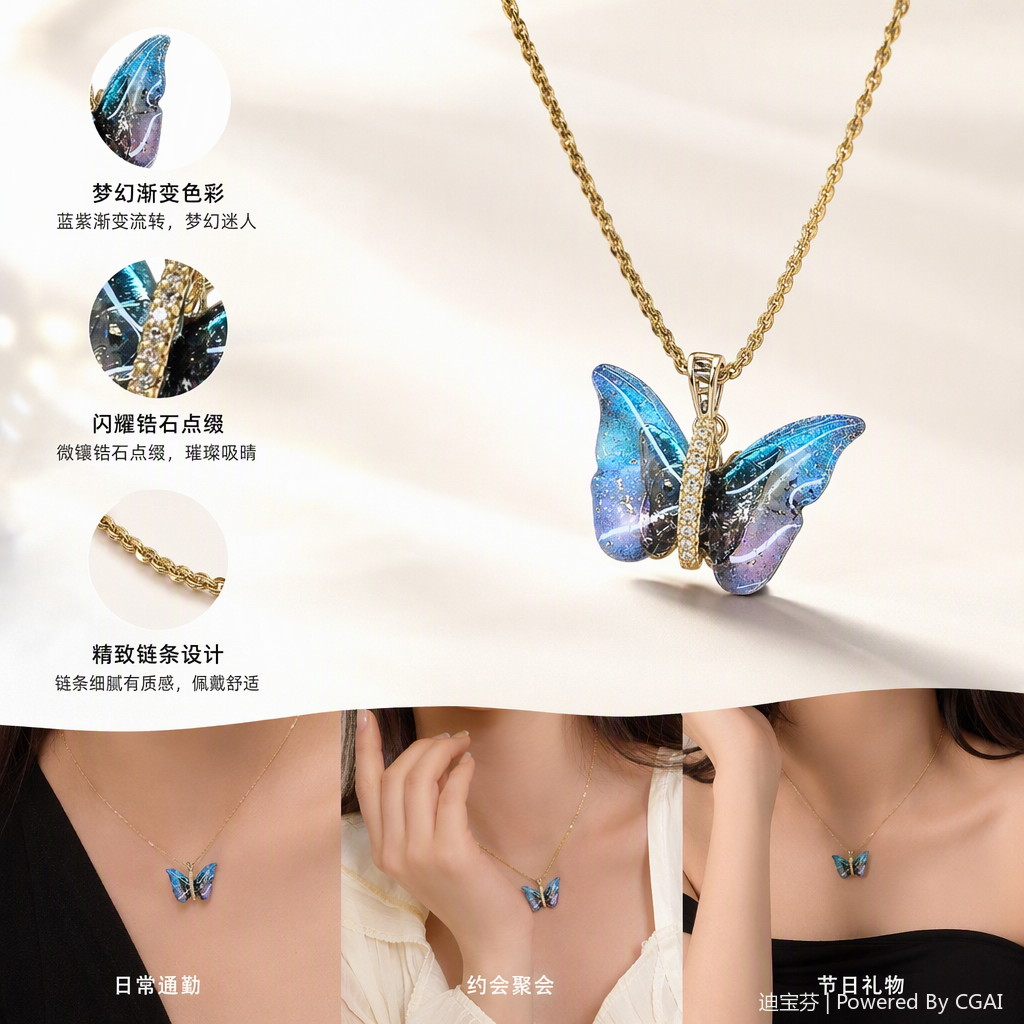 Azul morado gradiente resina mariposa colgante con cadena de oro collar moda versátil para niñas accesorios regalo