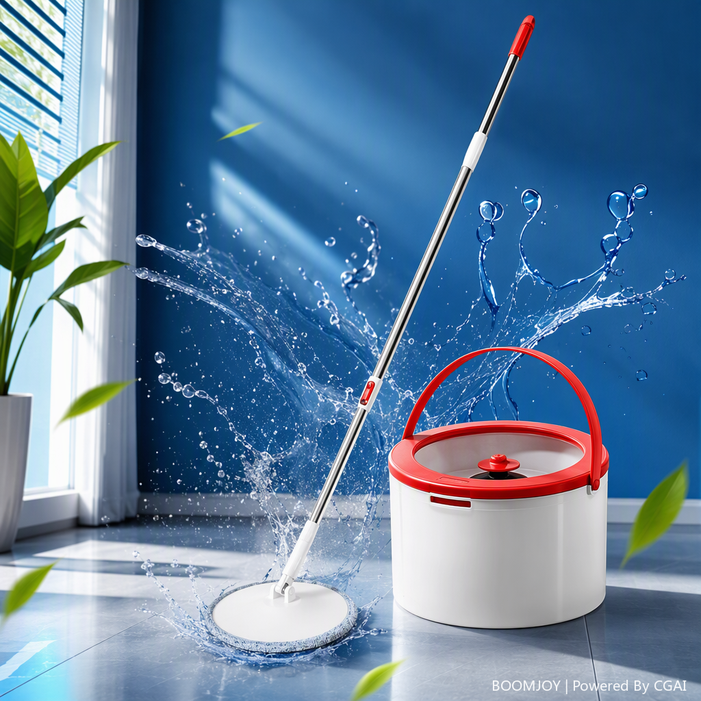 ممسحة دوارة اللون الأحمر والأبيض مع مقبض ممسحة بيضاء، أدوات تنظيف منزلية Specification image