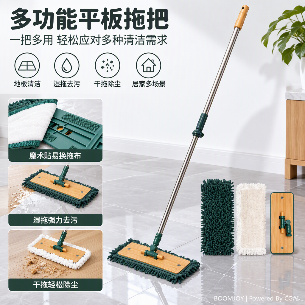 Multi-functional double-sided microfiber mop head, wooden flat hand-held household cleaning mop set