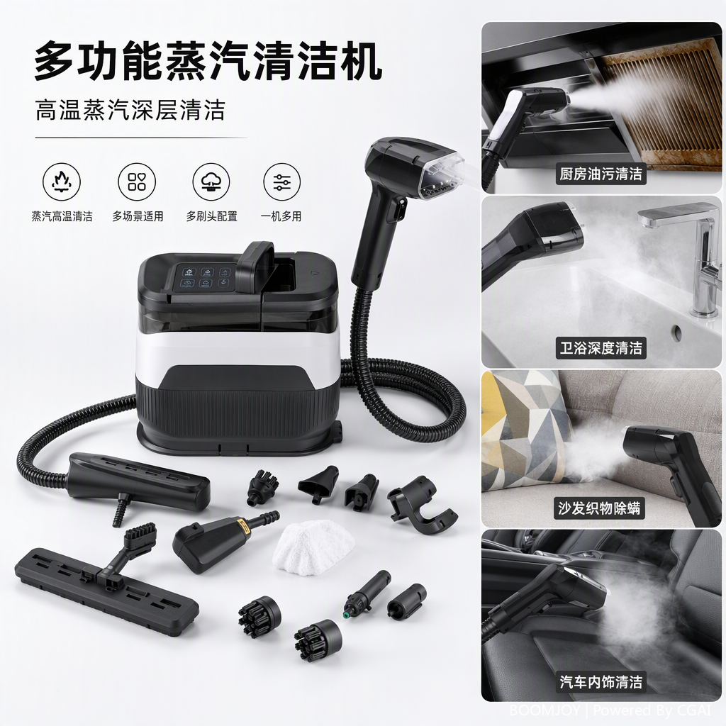 Black and white alternating steam cleaner main unit set, household multi-functional accessories, complete set of highly efficient sterilization and cleaning tools