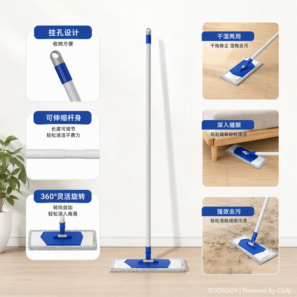 Multi-functional detachable flat mop for household floor cleaning, dry and wet dual-purpose, easy to change heads and durable