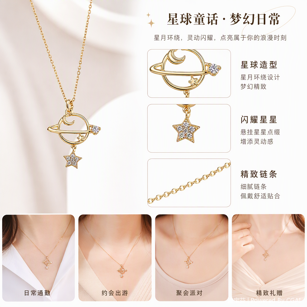 A simple and fashionable necklace in the shape of a golden planet, a personalized and trendy accessory gift for female student couples