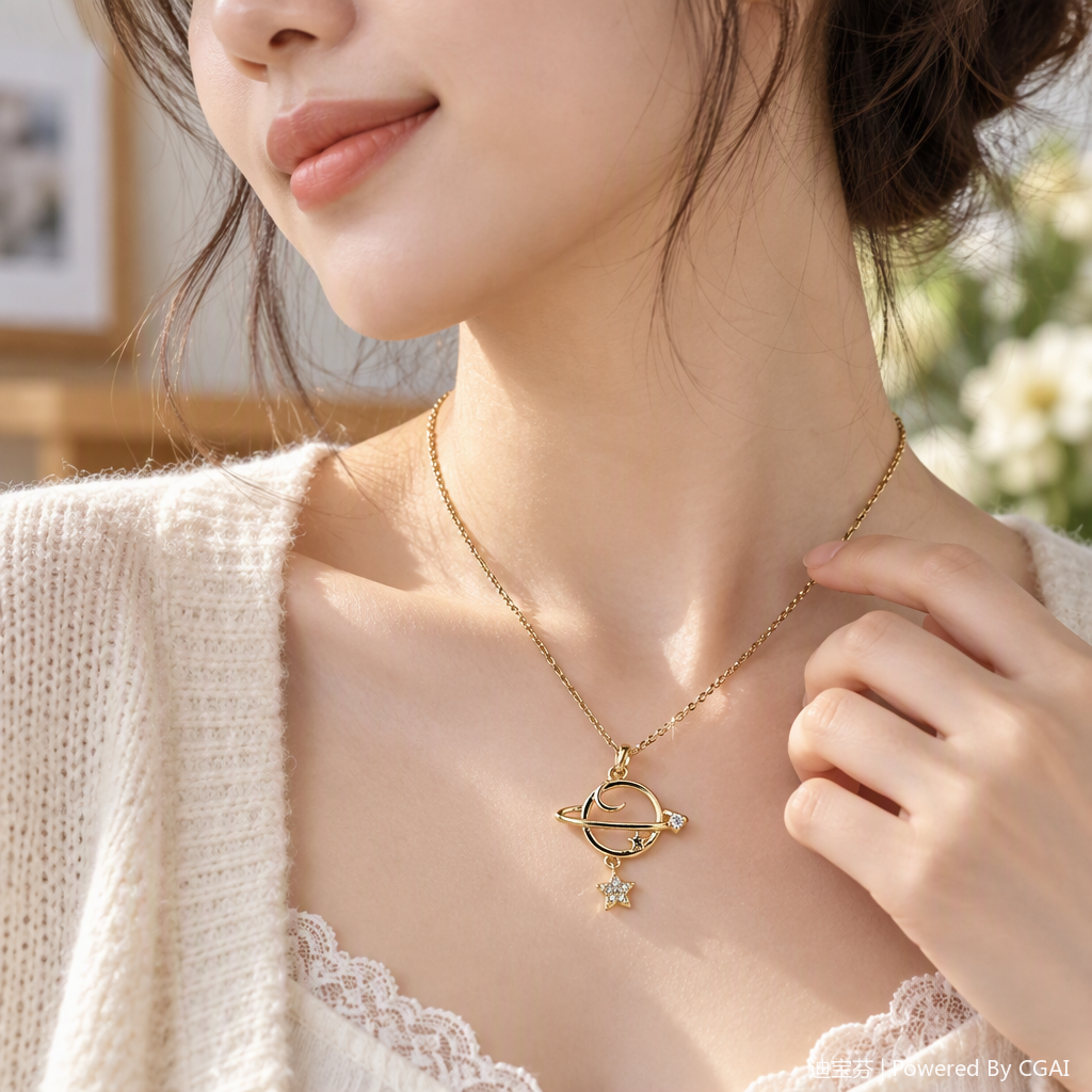 A simple and fashionable necklace in the shape of a golden planet, a personalized and trendy accessory gift for female student couples details Picture