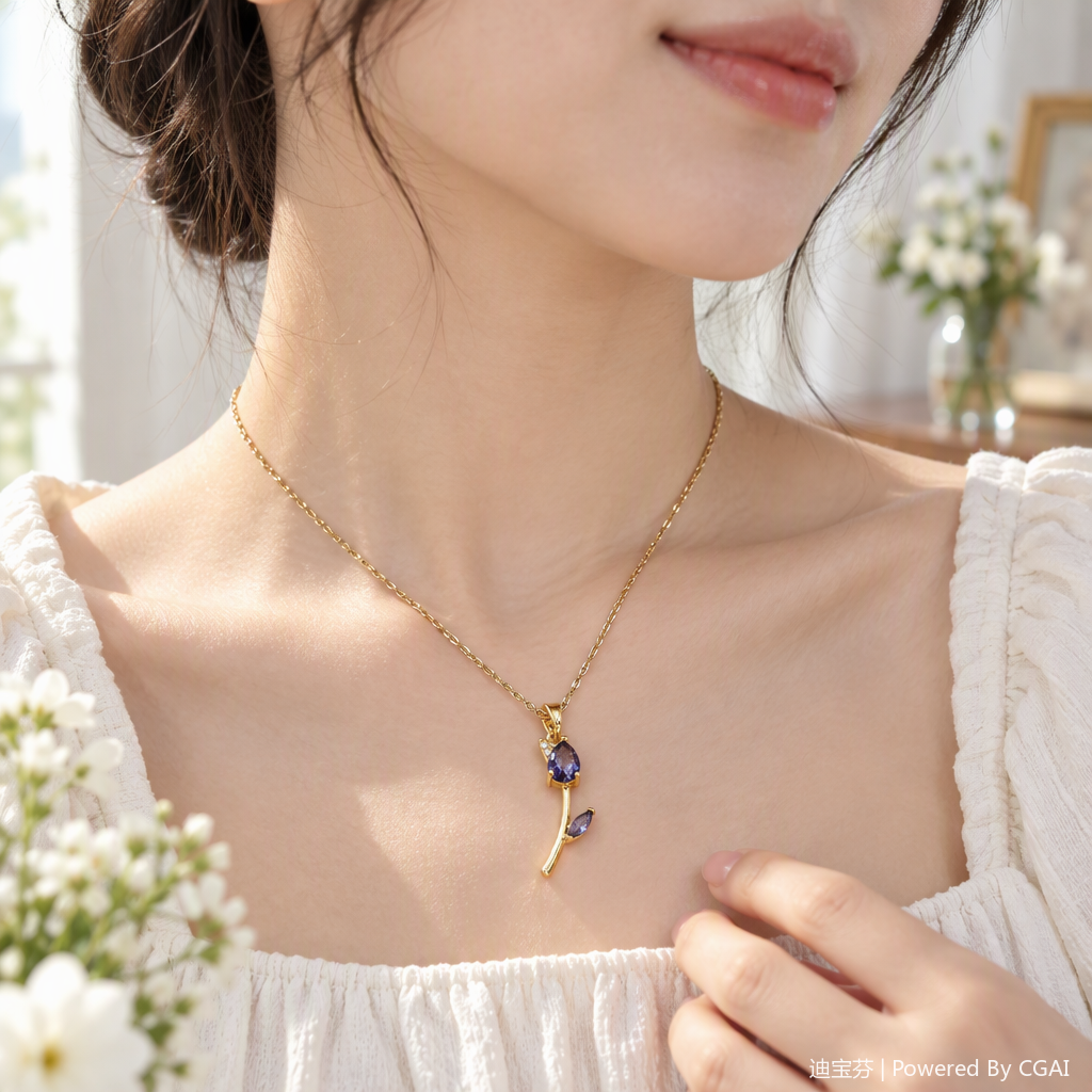 Golden chain amethyst rose-shaped pendant necklace, an elegant and fashionable accessory gift for women details Picture