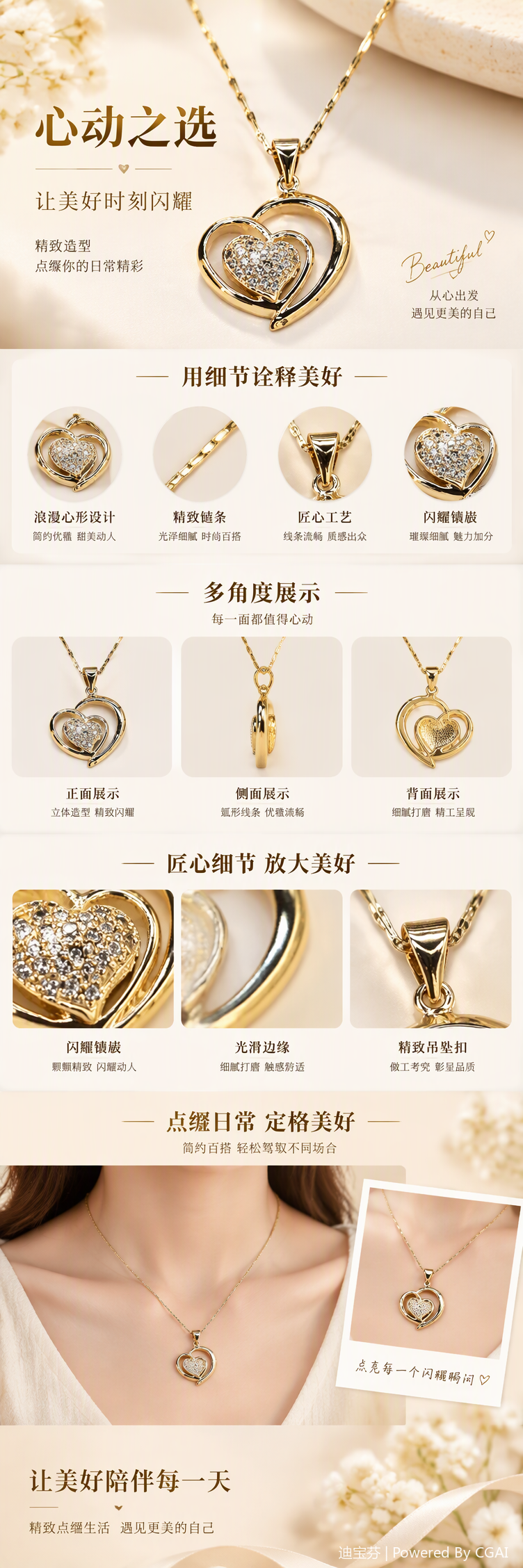 A golden double-heart diamond necklace, a fashionable and versatile elegant accessory for women, is a perfect gift for your girlfriend pic 1