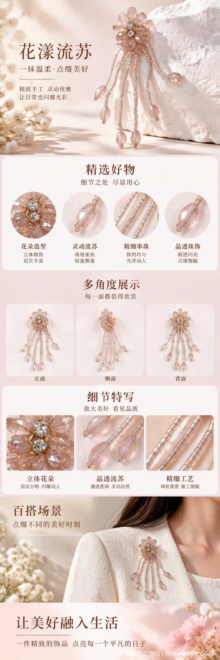 粉色水晶花朵流苏胸针时尚优雅别致饰品配件女款礼品赠送详情1