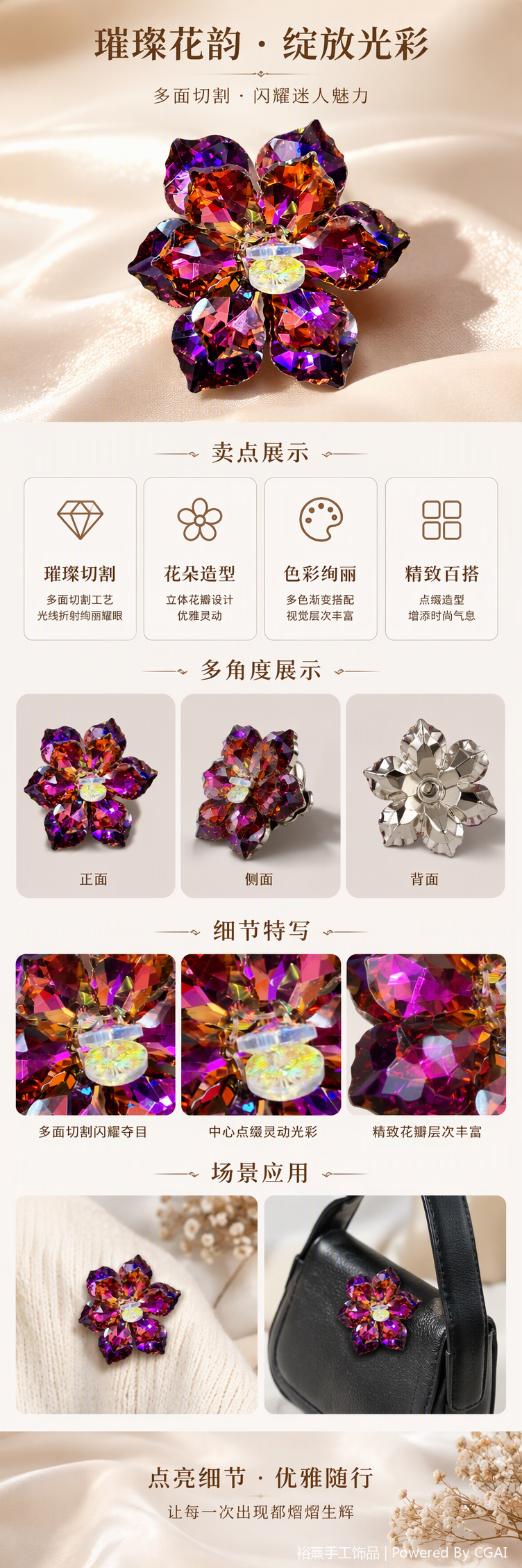 紫红色水晶花朵人造水晶饰品手工精美耳钉项链配饰礼品装饰品详情1