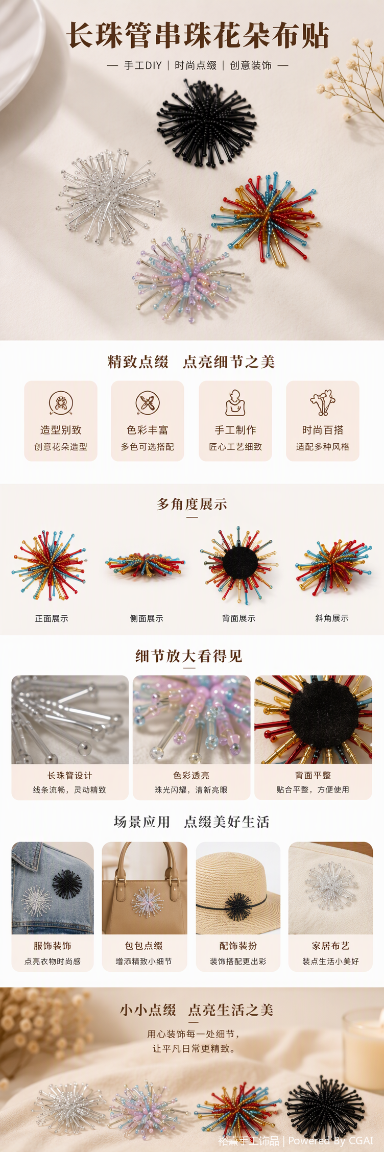 手工长珠管串珠花朵布贴DIY装饰材料手工制作配件多色可选详情1