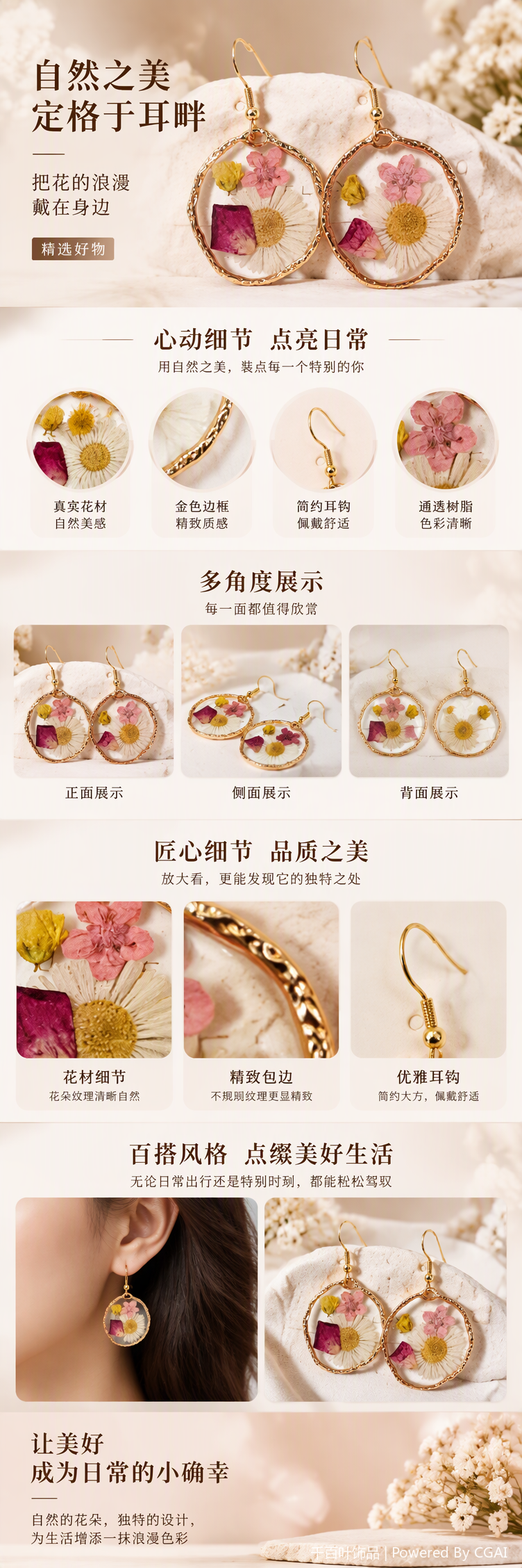 金色边框透明树脂镶嵌干花耳饰时尚优雅气质女款耳坠礼品配饰详情1