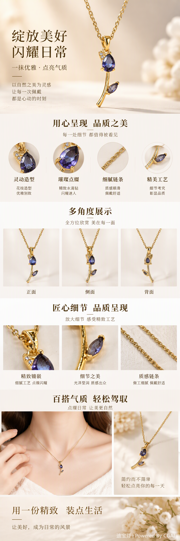 Golden chain amethyst rose-shaped pendant necklace, an elegant and fashionable accessory gift for women pic 1