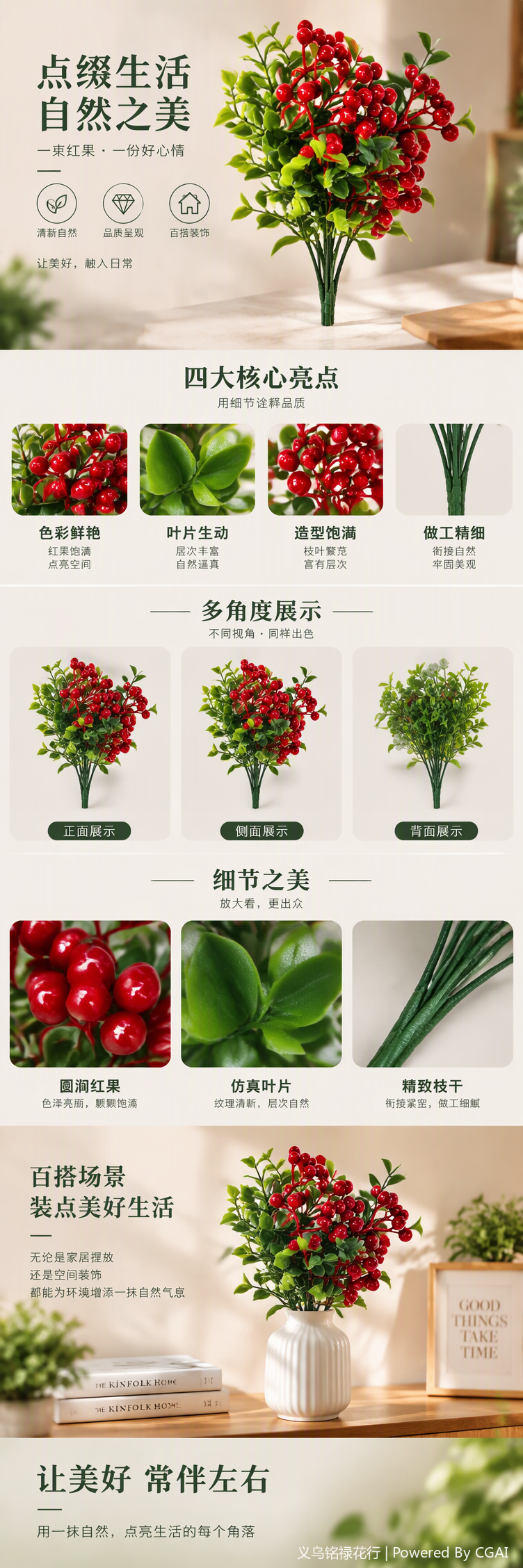 Red berry and green leaf simulated flower bouquets decorate the living room, wedding background wall, home furnishings and creative gifts pic 1