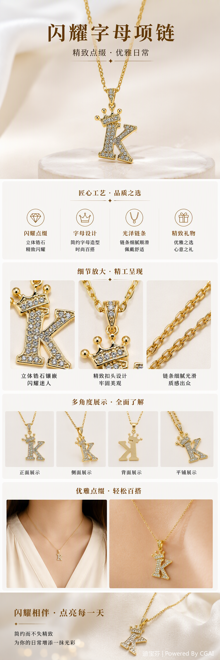 A golden diamond-encrusted crown K-letter pendant necklace, a fashionable and versatile Korean-style trendy gift for girls pic 1