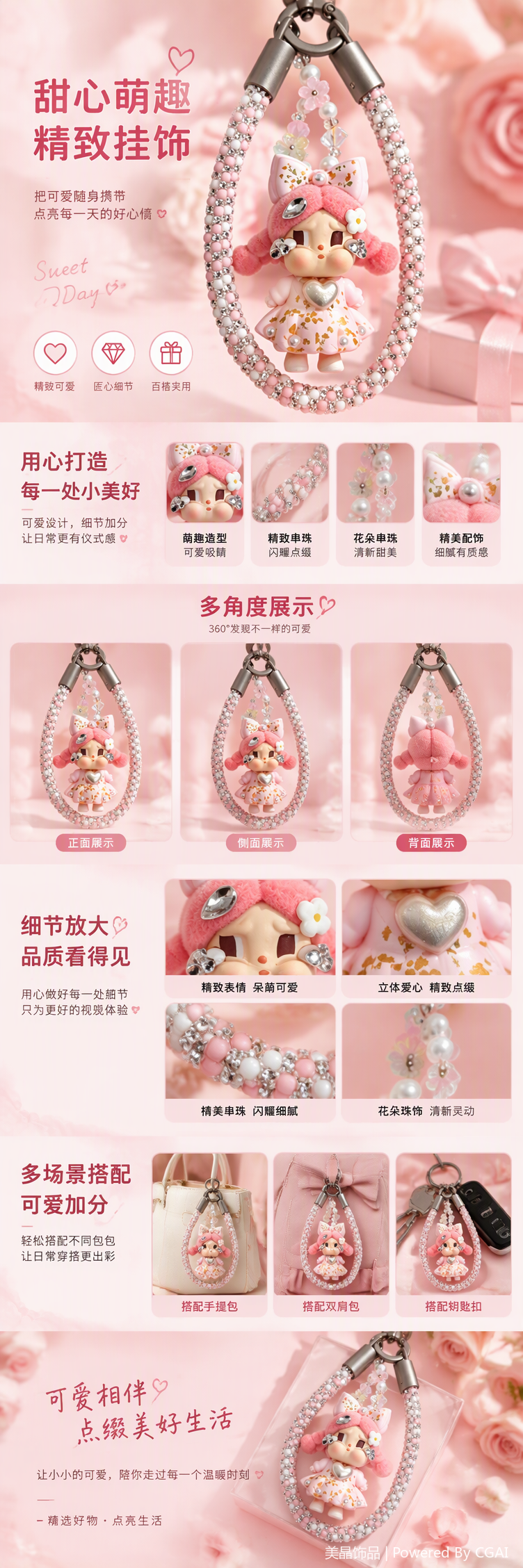 粉色珠饰挂链可爱卡通女孩玩偶吊坠时尚潮流女生饰品礼物赠品详情1