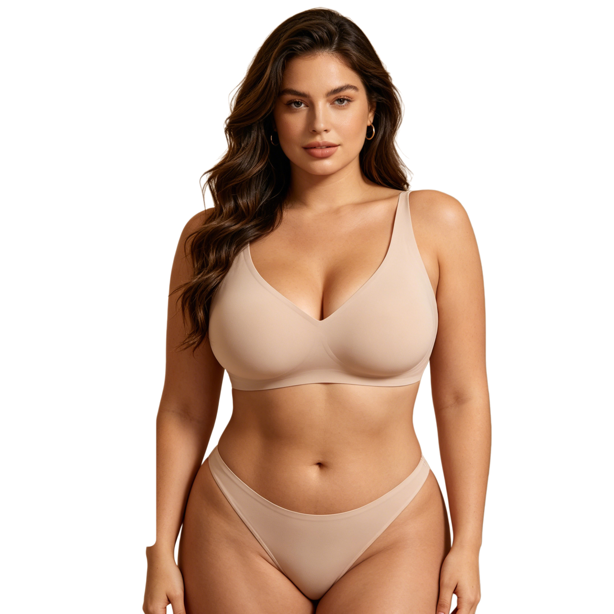A female model showcases a soft, breathable and healthy bra in beige without underwire Specification image