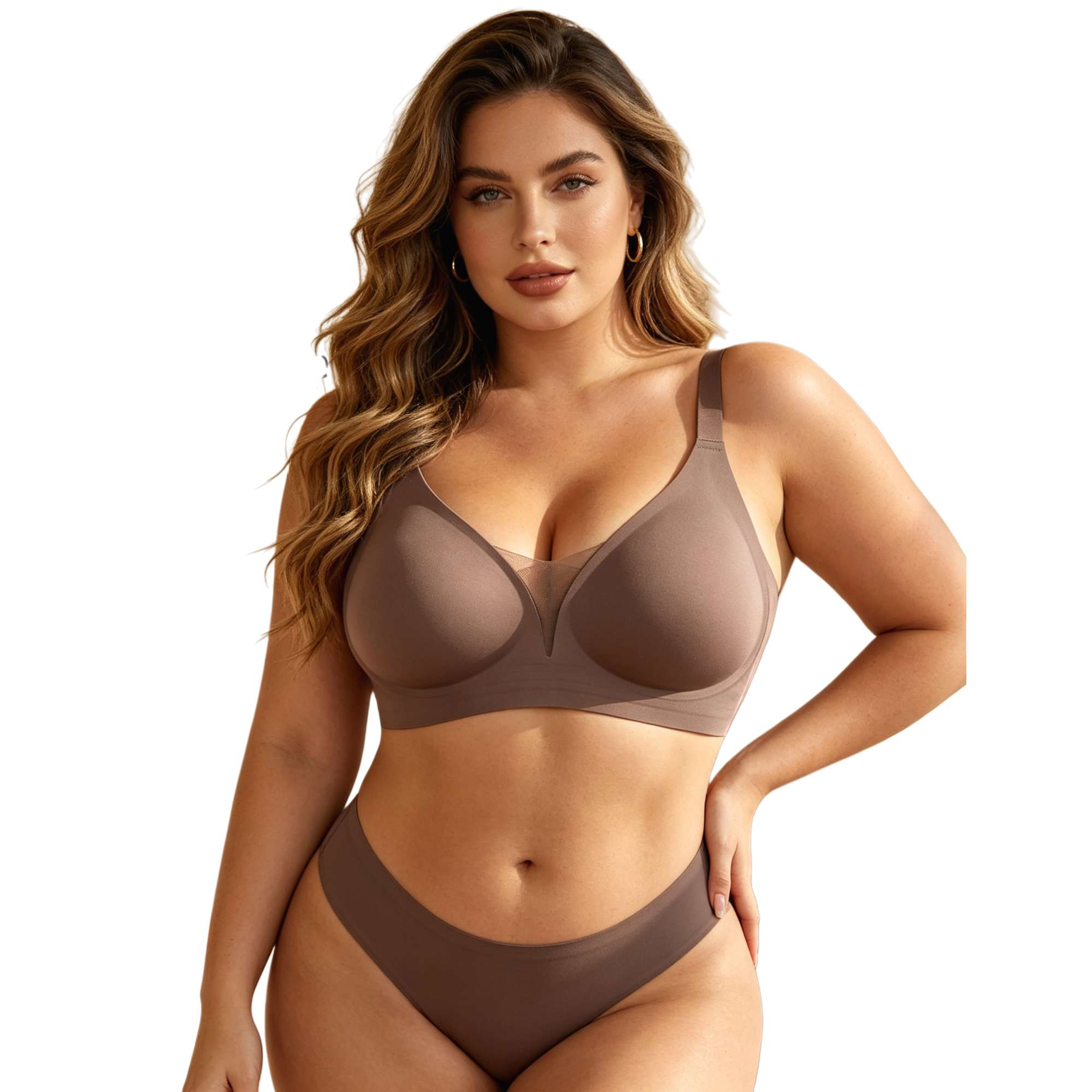 A fashionable and comfortable coffee-colored bra set without underwire. A female model showcases a soft and breathable underwear combination details Picture