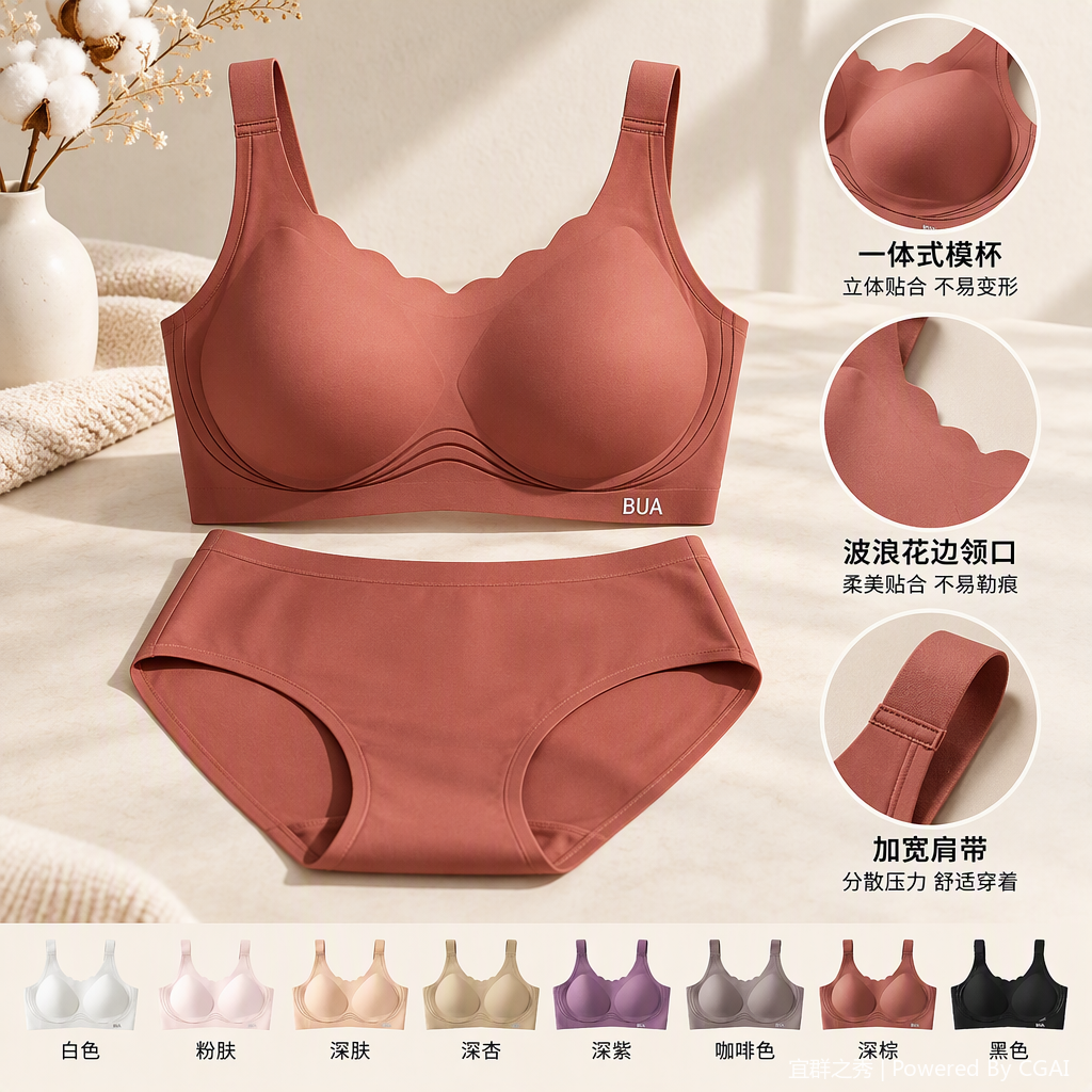 Moda cómodo color café sin aro sujetador suave respirable sexy encaje lencería combinación de mujer interior traje