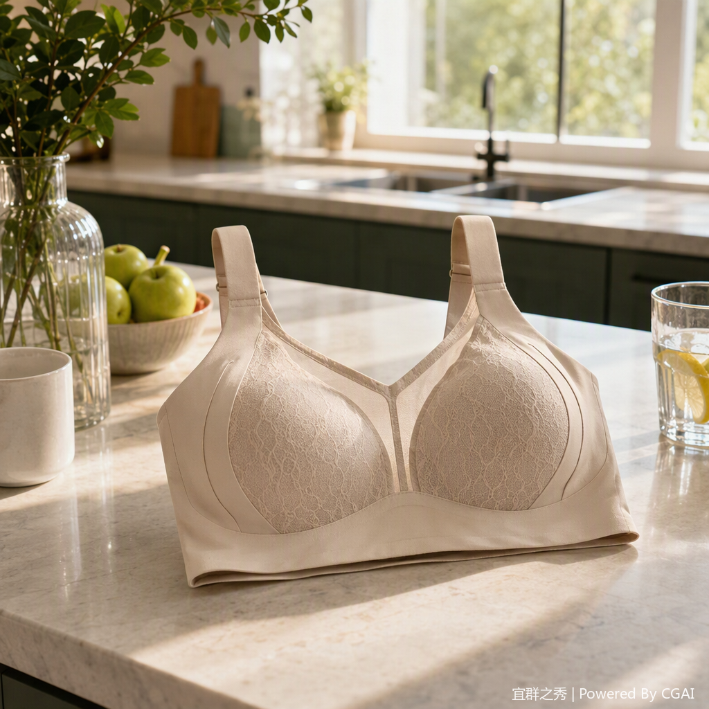 Cómodo sin aro de acero beige sujetador de cierre para mujeres modelos mostrar suave y transpirable lencería conveniente para el show details Picture