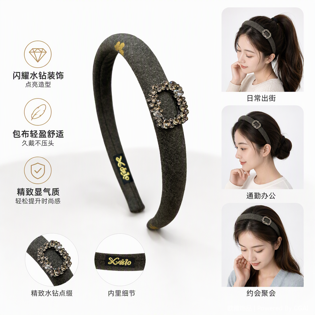 时尚灰色绒面镶钻字母D发箍柔软舒适发饰头饰配饰百搭款