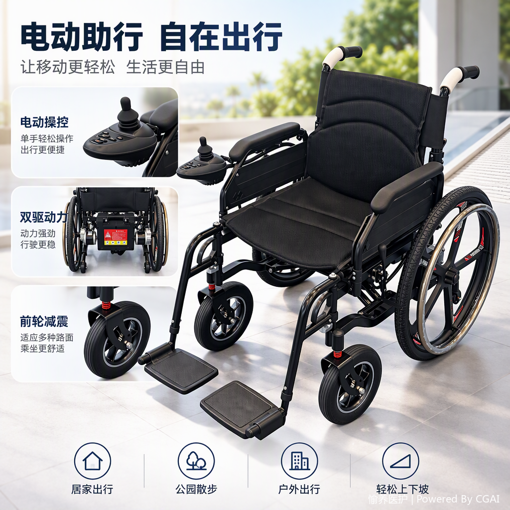 多功能便携黑色电动轮椅轻便舒适适用老年人残障人士代步工具