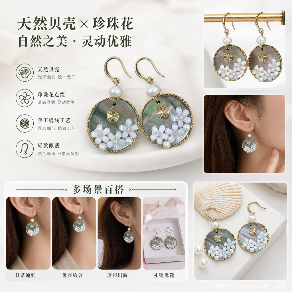 Moda elegante madre de perlas perlas flor orejeras temperamento versátil pendientes moda simple pendientes mujer