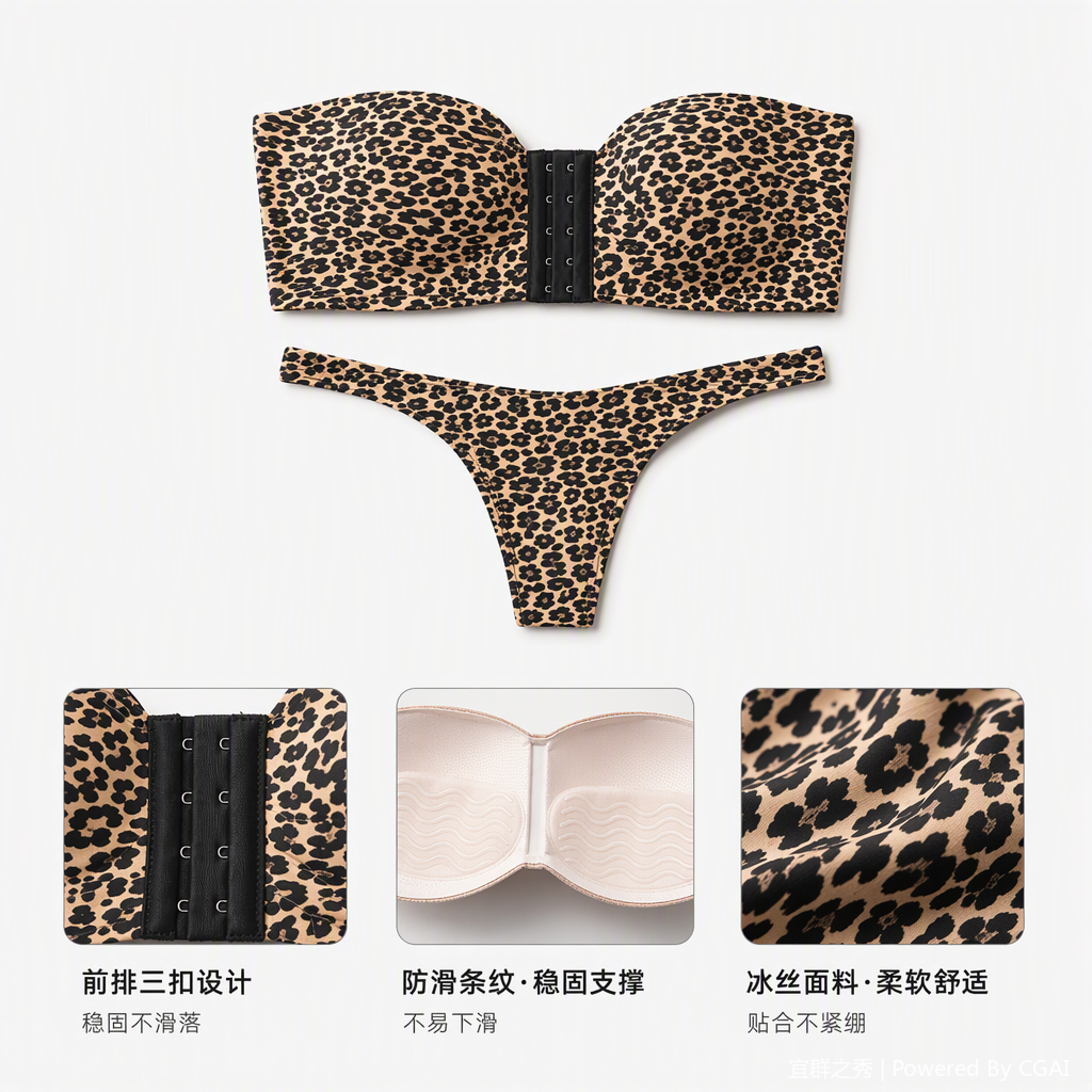 Leopardo estampado sin tirantes sujetador de cierre a juego tanga traje sexy moda cómoda estilo de mujer conveniente para el grupo mostrar Application Scenario