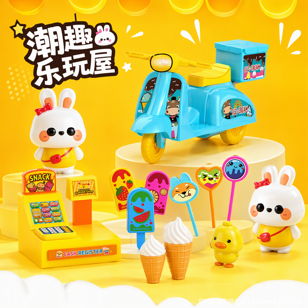 Trendy fun playmate germinación por talla niños helado tema pasar el hogar set azul entrega de comida moto conejo muñeca caja registraba helado accesorios juguetes divertidos Specification image