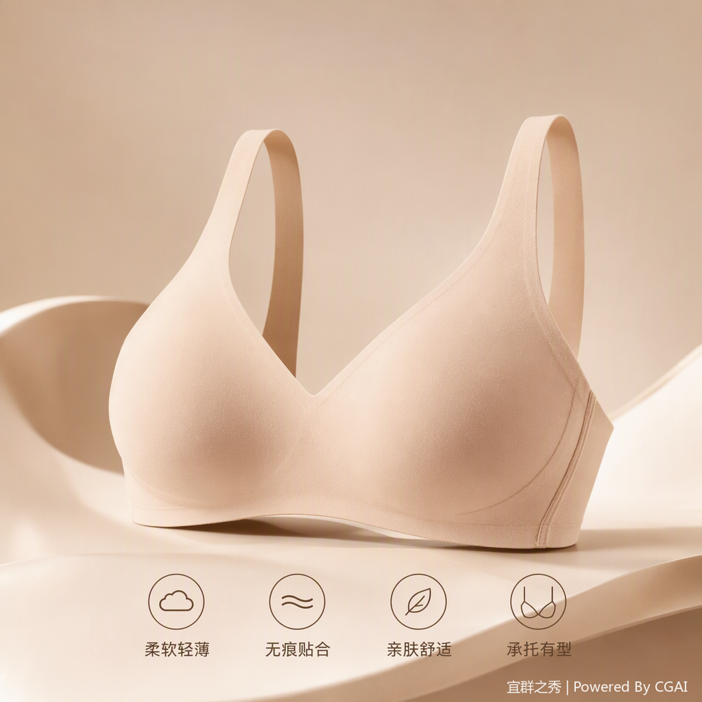 A female model showcases a soft, breathable and healthy bra in beige without underwire Application Scenario
