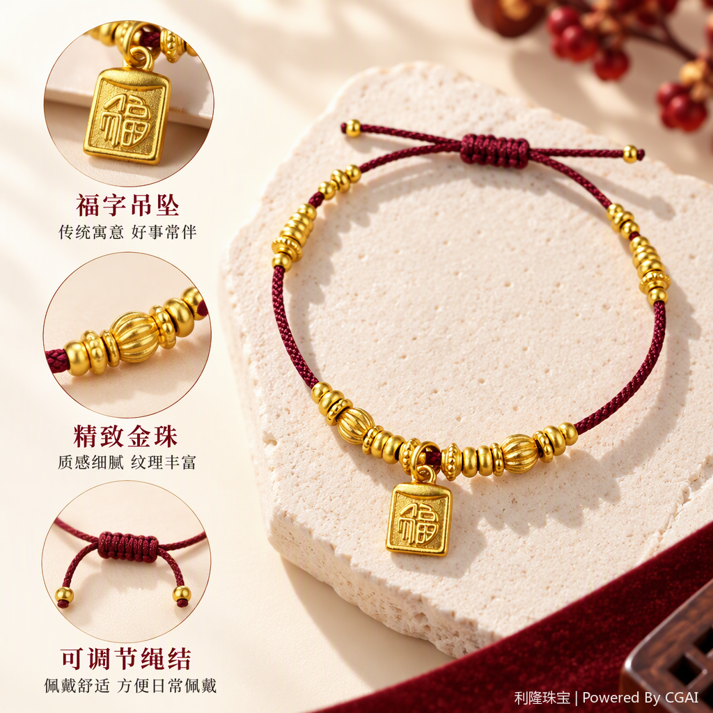 TC-363S红色绳编手链金色福字吊坠手工编织时尚潮流饰品