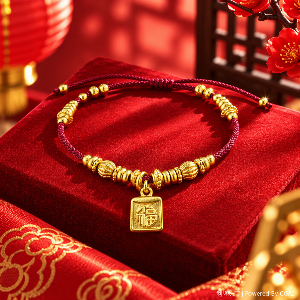 TC-363S红色绳编手链金色福字吊坠手工编织时尚潮流饰品细节图