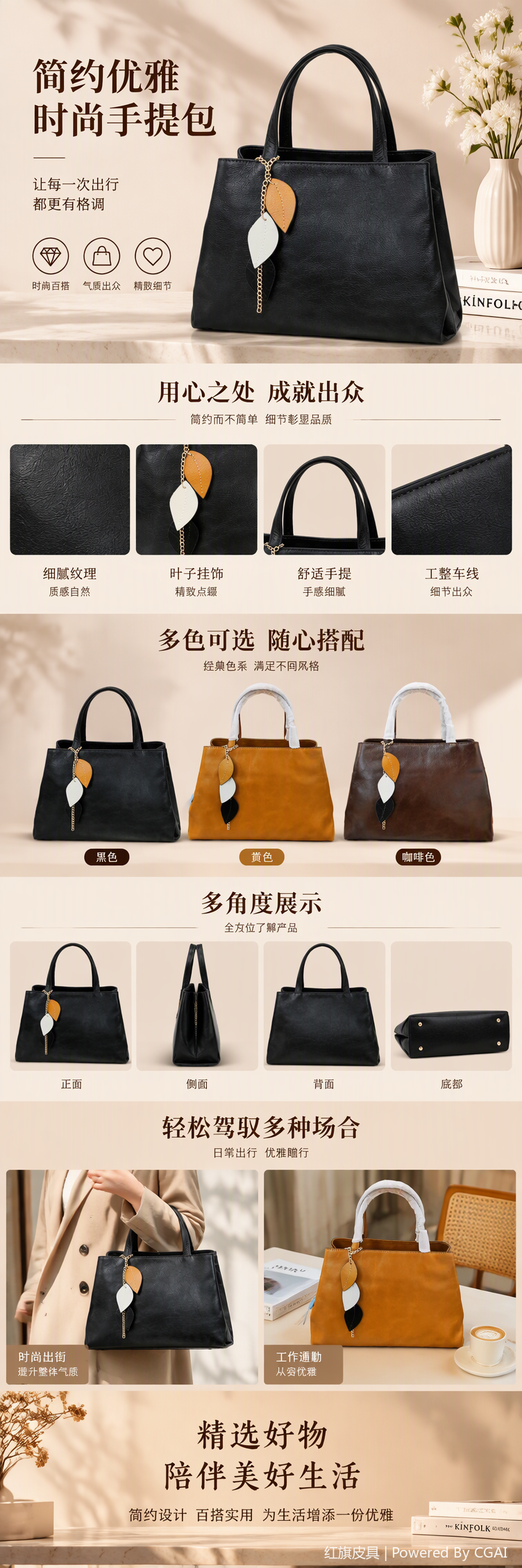 时尚简约黑色皮革手提包女大容量百搭休闲包包女士单肩手提包包包 会养皮的爆裂纹油蜡牛皮包｜秋冬氛围感详情1